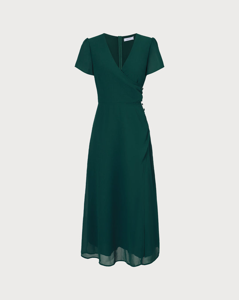 The Green V Neck Wrap Button Maxi Dress Dresses - RIHOAS