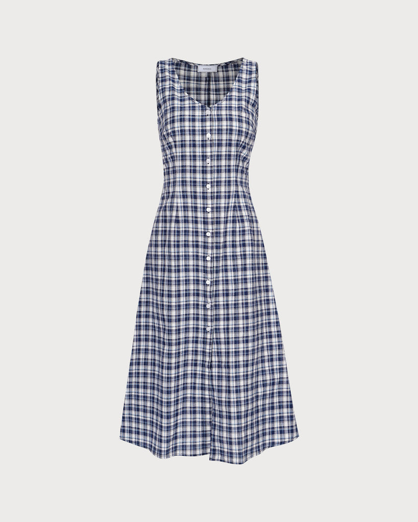 The V Neck Plaid Button Midi Dress Dresses - RIHOAS