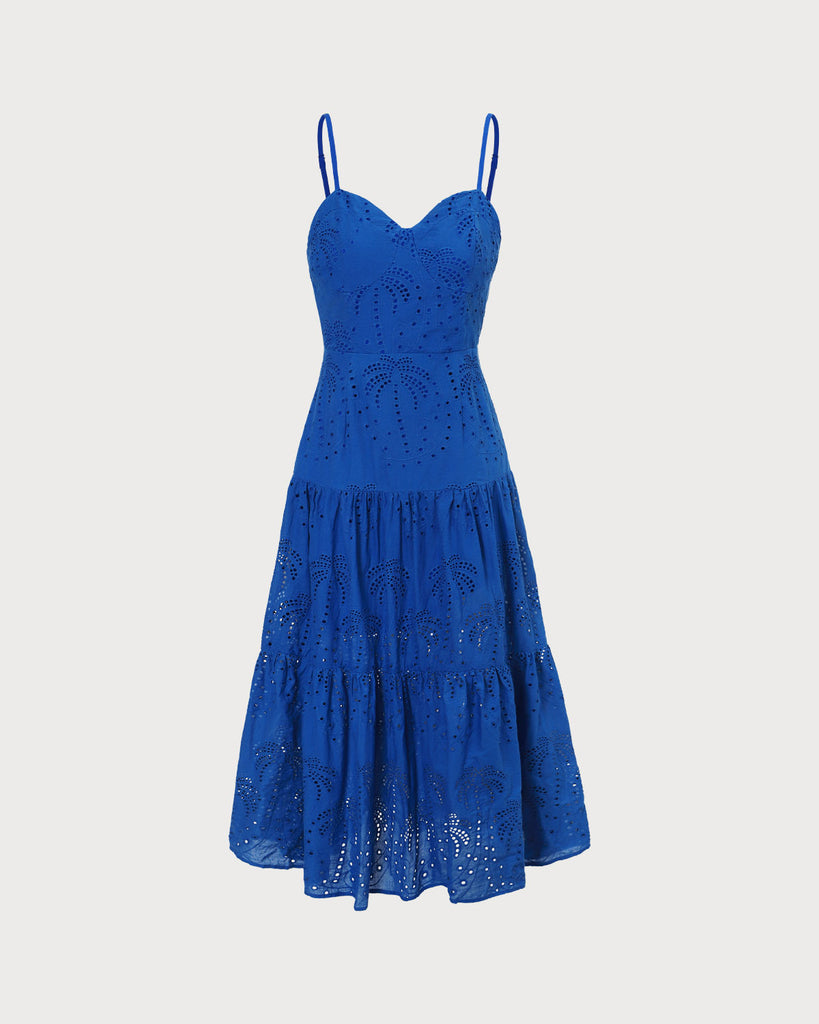 The Blue Sweetheart Neck Embroidery Midi Dress Blue Dresses - RIHOAS