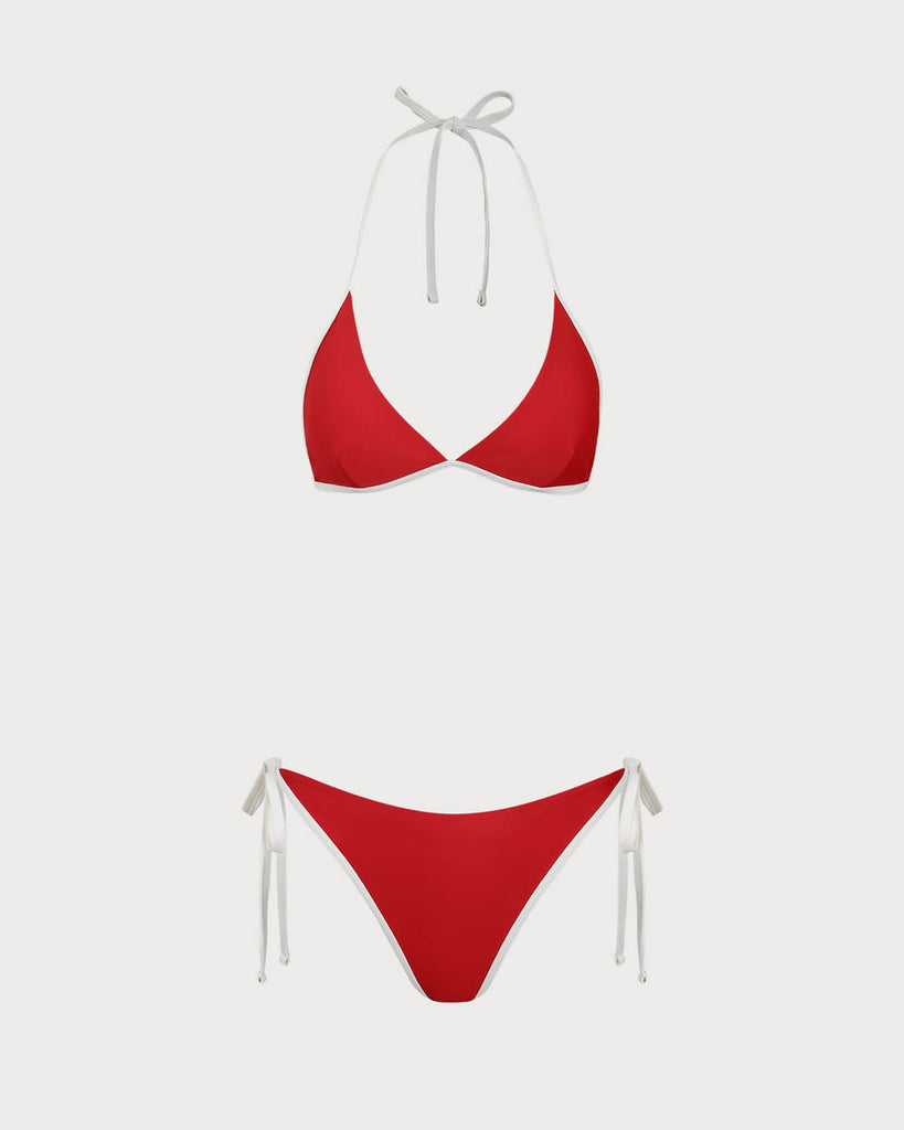 Red Contrasting Halter Triangle Bikini Set