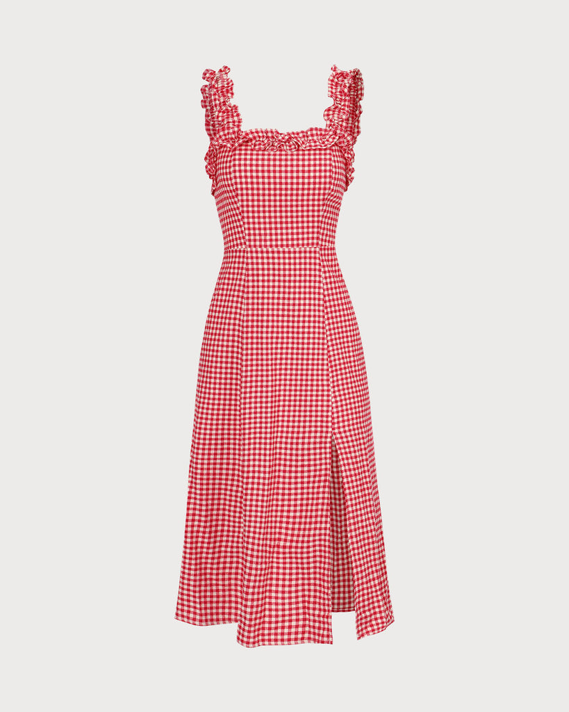 The Red Square Neck Plaid Midi Dress Dresses - RIHOAS