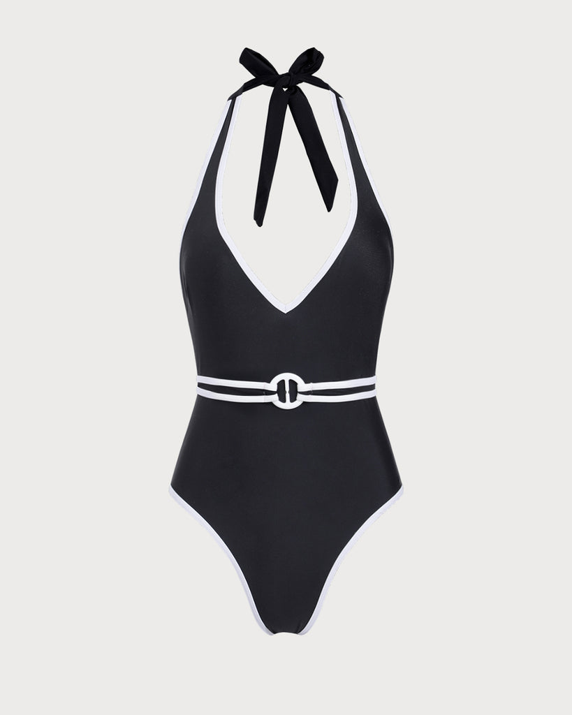 Black Contrast V-Neck One-Piece Swimsuit