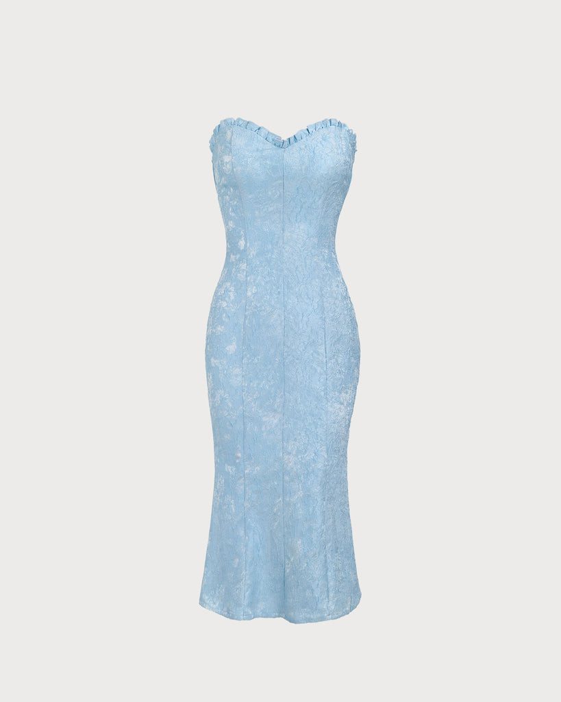 Women's Blue Strapless Jacquard Midi Dress