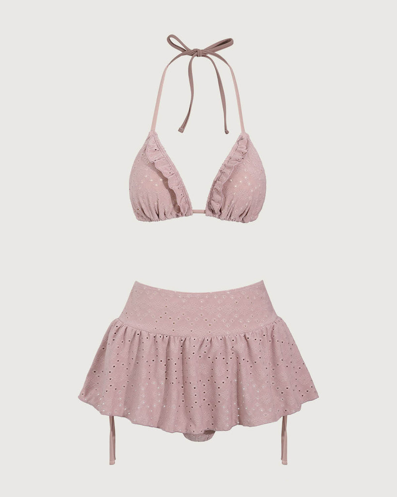 Pink Ruffle Drawstring Bikini Three Piece Suit