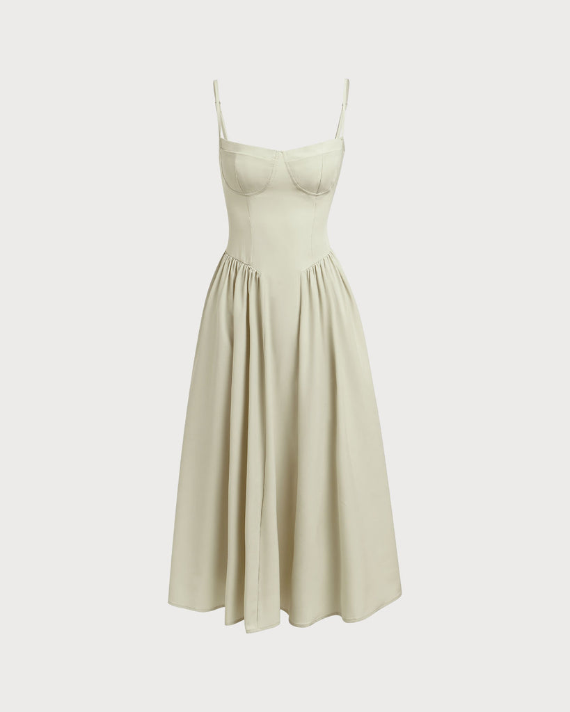 Green Square Neck Pocket Slip Midi Dress