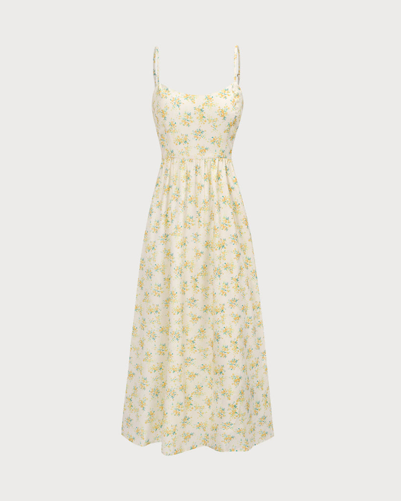 The Ruched Yellow Floral Print Midi Dress Dresses - RIHOAS