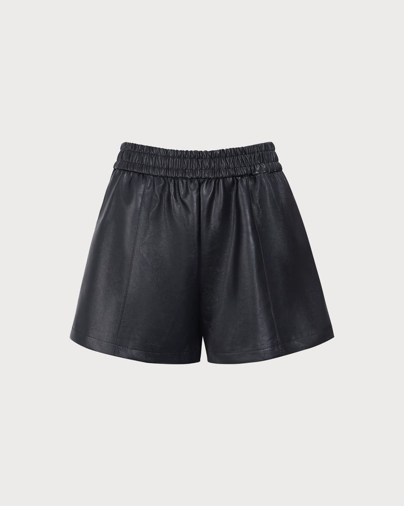 Women's Black Elastic Waisted PU Shorts