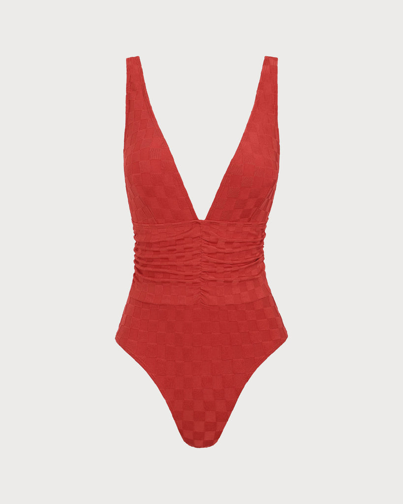 Red Plaid Ruched V-Neck One-Piece Swimsuit