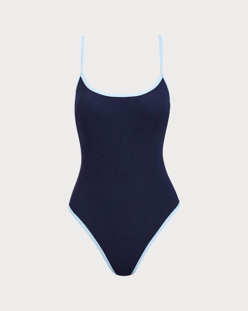 Blue Contrasting Criss-cross Tie One-Piece Swimsuit