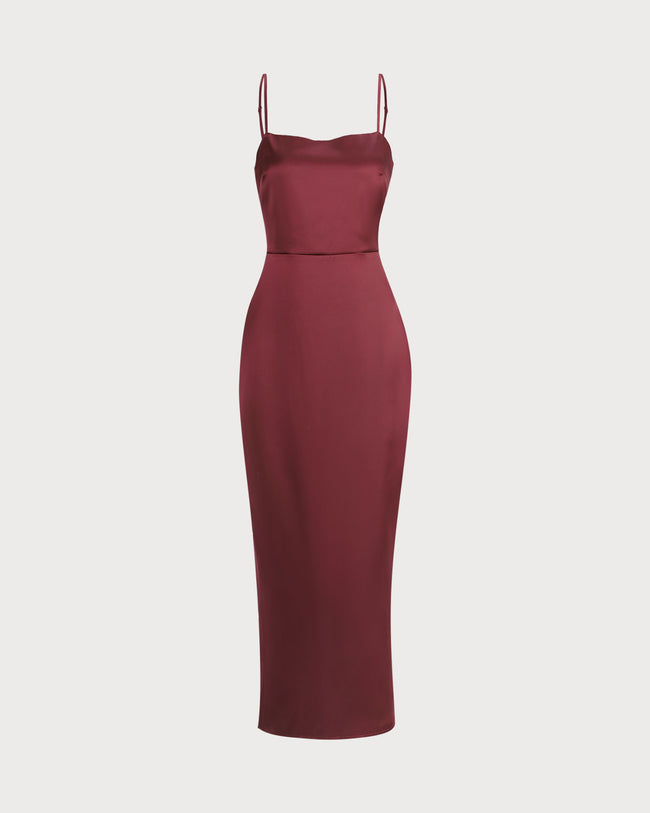 The Red Back Slit Satin Sling Maxi Dress - Open Back Slit Solid Satin ...