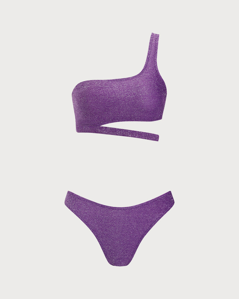 Purple Lurex One Shoulder Bikini Set