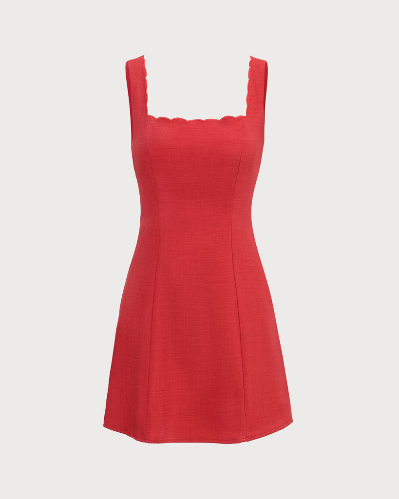 The Red Square Neck Scalloped Dress Dresses - RIHOAS