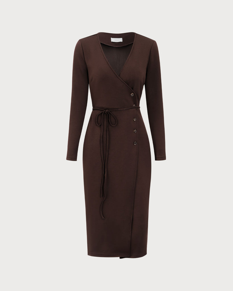 The Coffee V Neck Button Wrap Midi Dress