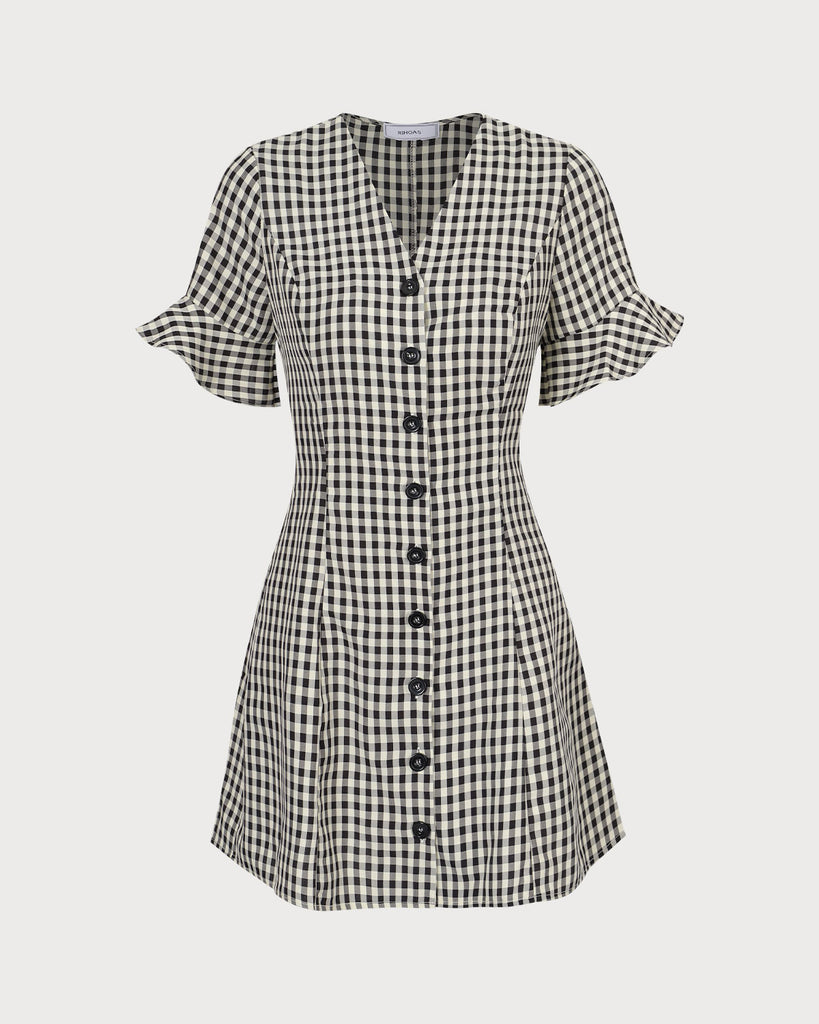 The Black V Neck Plaid Ruffle Mini Dress Dresses - RIHOAS