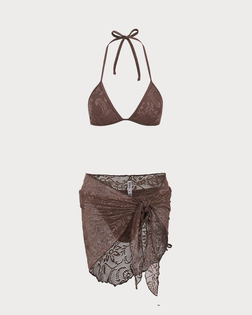 Brown Mesh Bikini Three Piece Suit