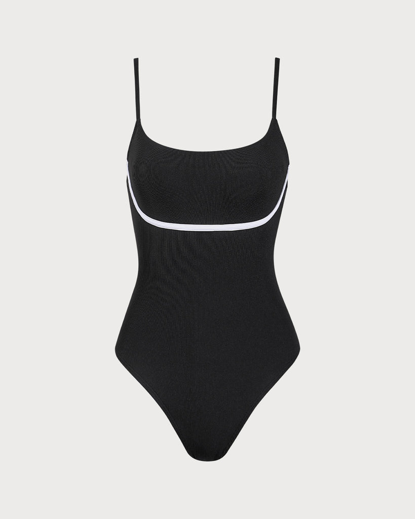 Black Contrast Ribbed One-Piece Swimsuit