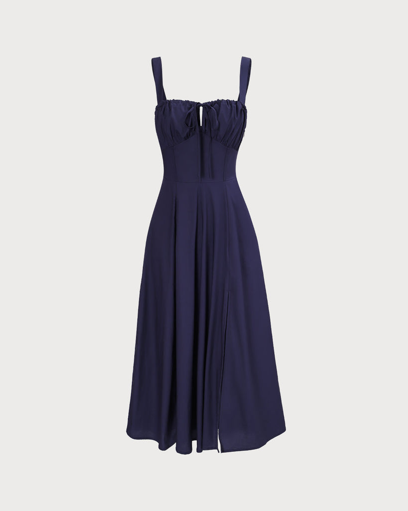 The Navy Square Neck Ruched Solid Midi Dress Dresses - RIHOAS