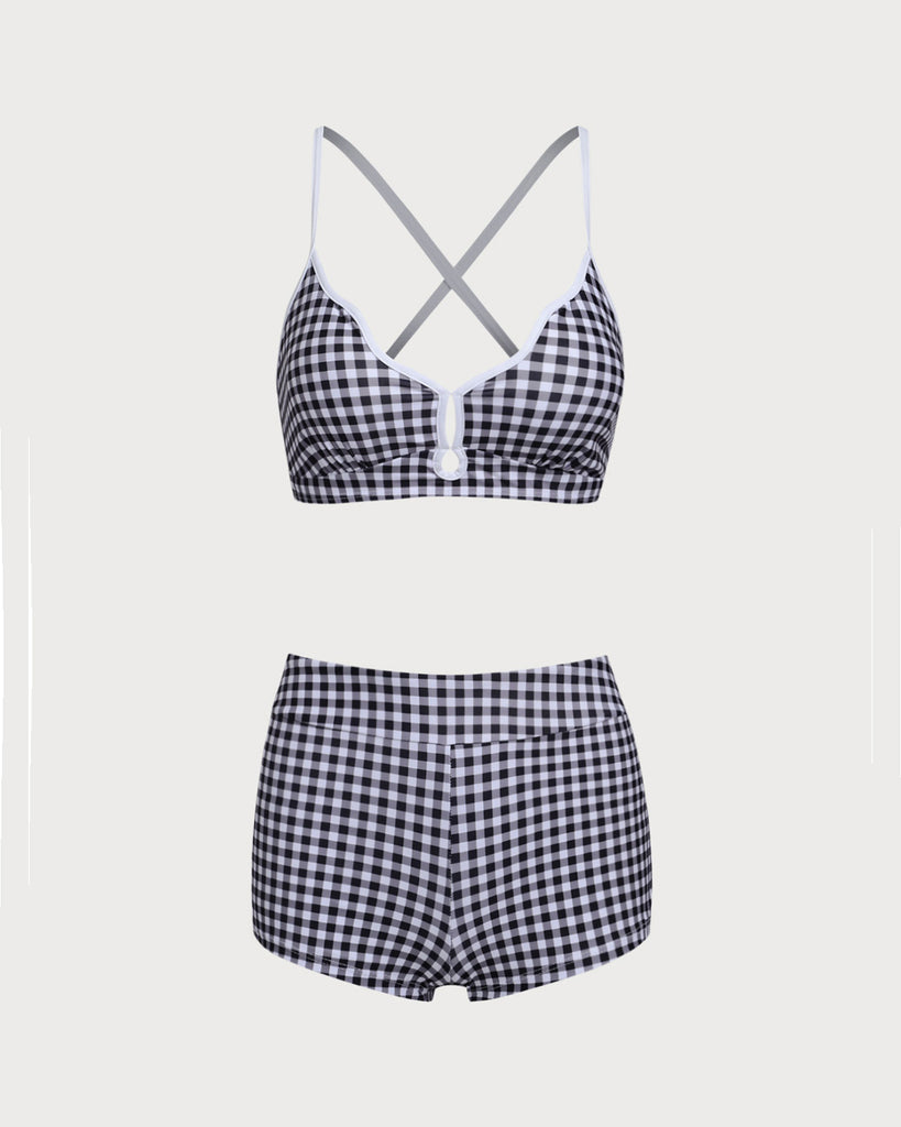 Black Contrast Plaid Cutout Bikini Set