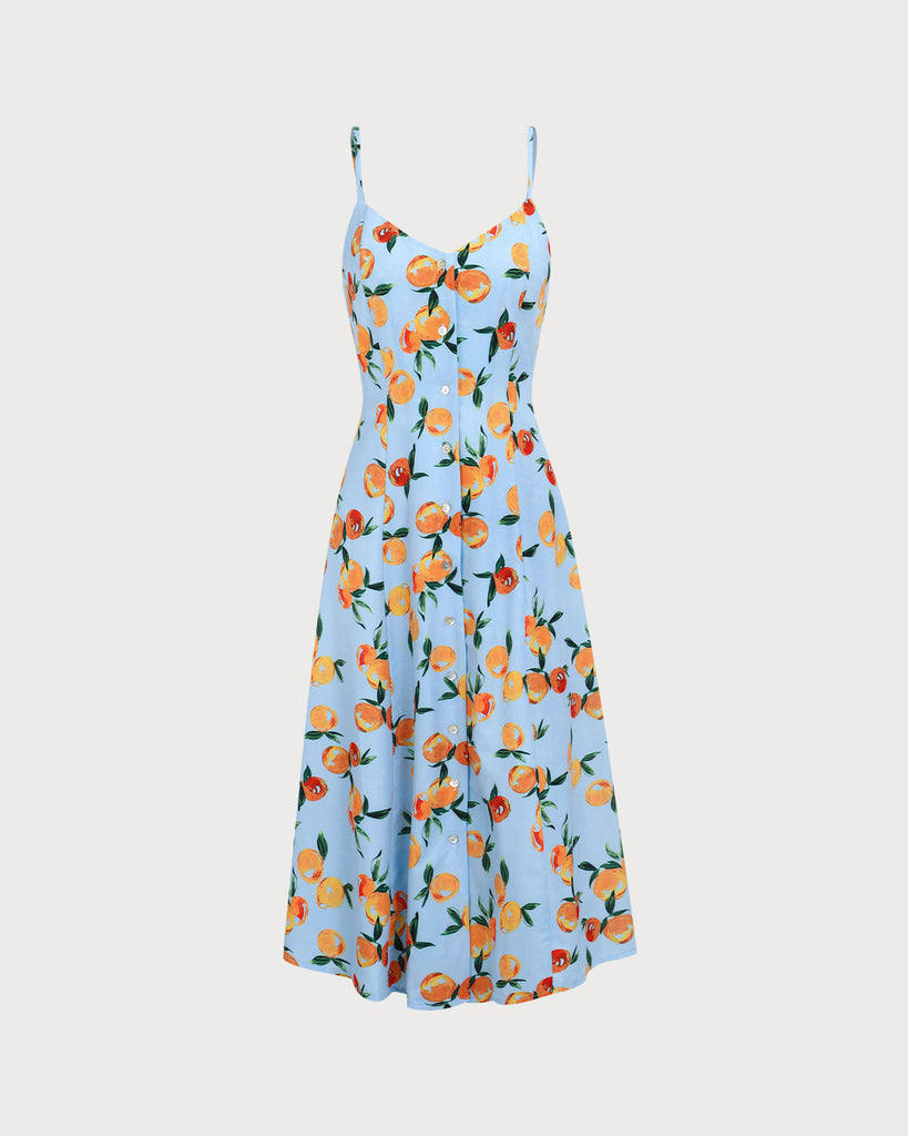 Women's Blue Fruit Print Slip Midi Dress