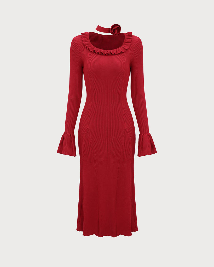 Red Round Neck Ruffle Sweater Dress