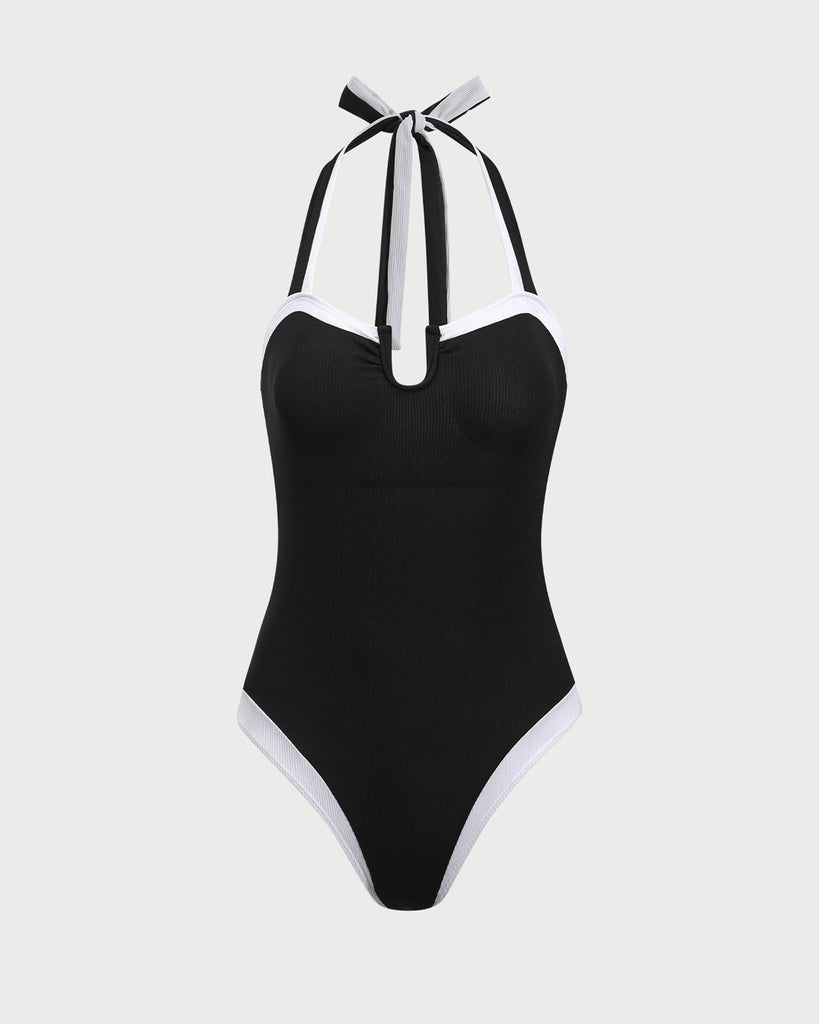 Black Contrast U-Shaped One-Piece Swimsuit