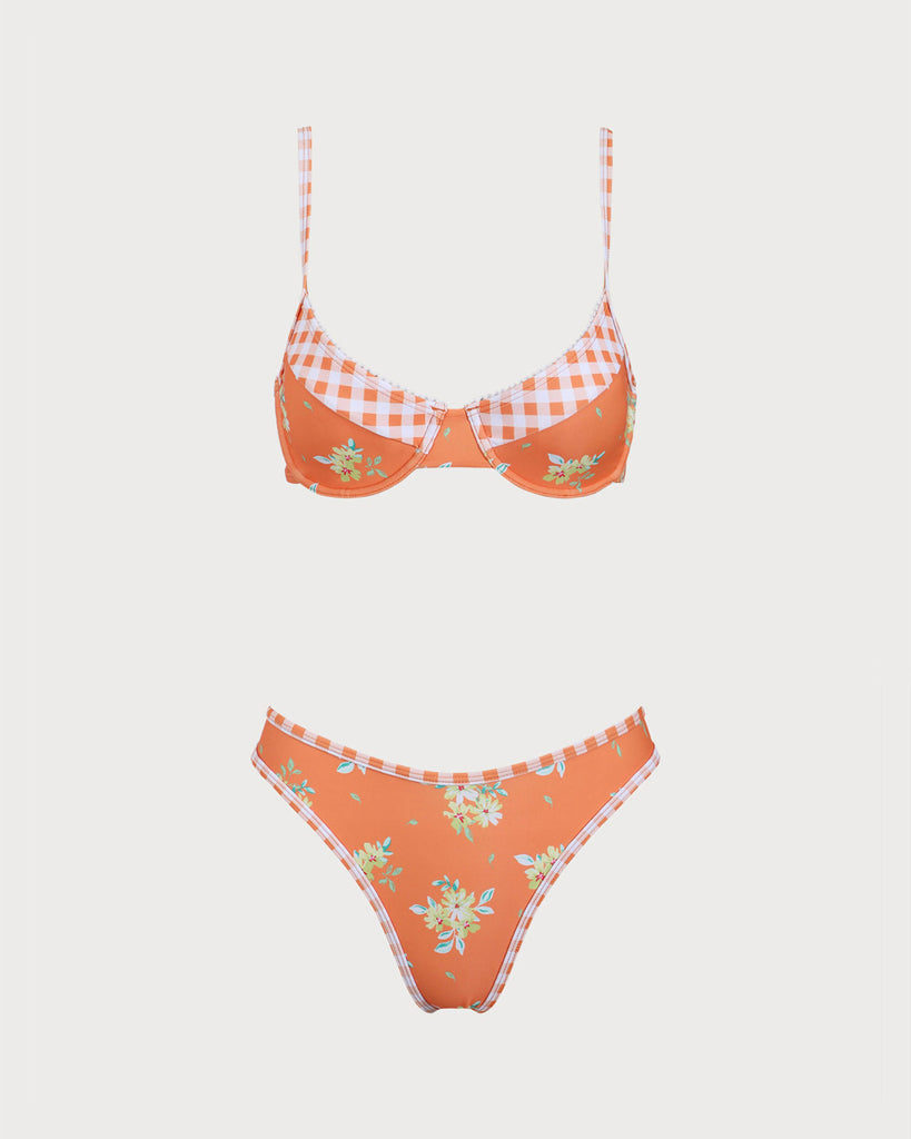 Orange Plaid Floral Underwire Bikini Set