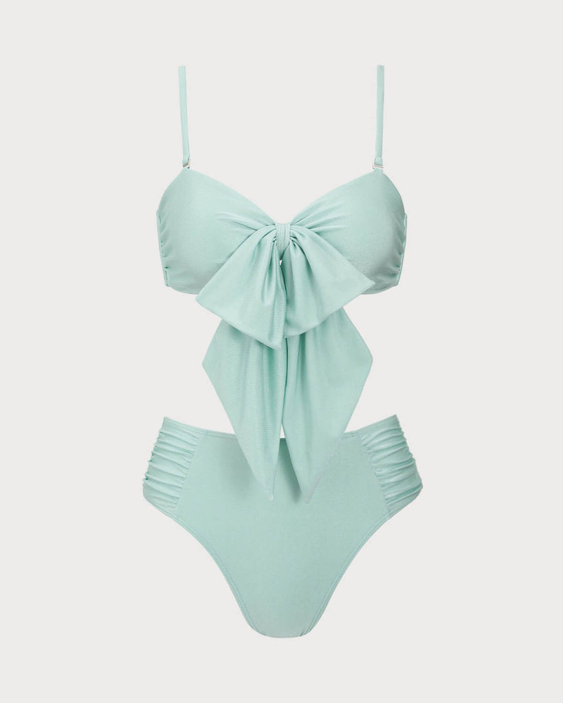 Cyan Ruched Bowknot Bikini Set