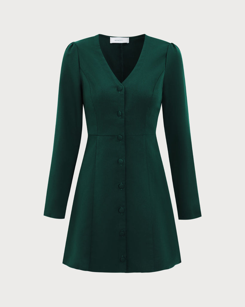 The Green V Neck Button Shirt Mini Dress