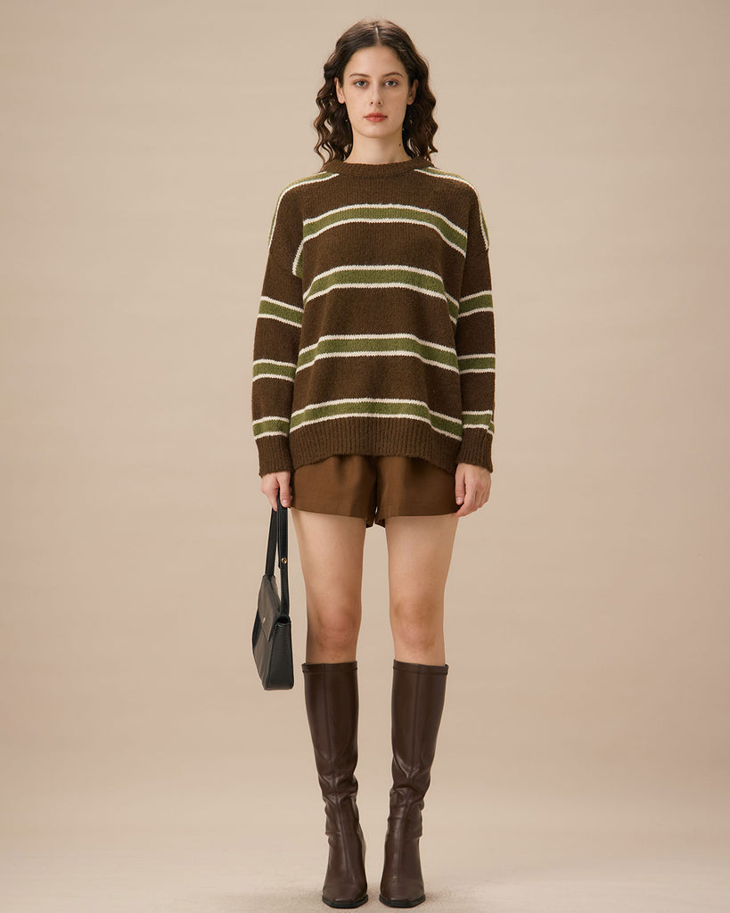 Coffee Round Neck Drop Shoulder Sweater