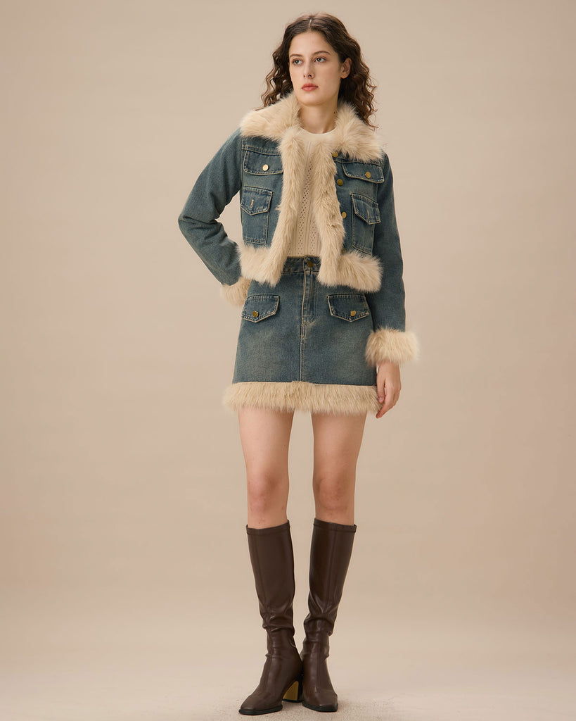 Blue Single Breasted Fur Jacket