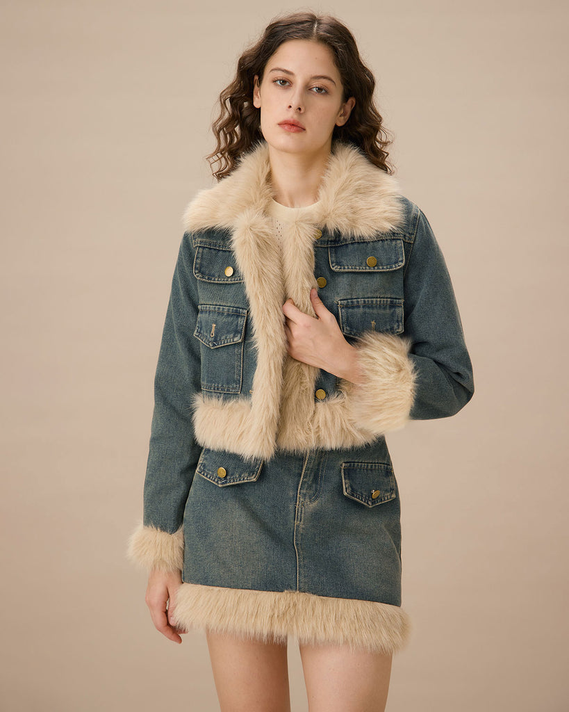 Blue Single Breasted Fur Jacket