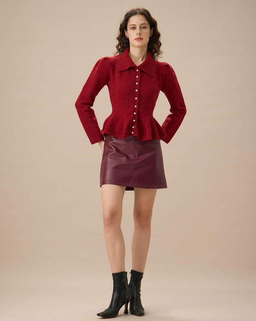 Red Lapel Single-breasted Ruffle Cardigan