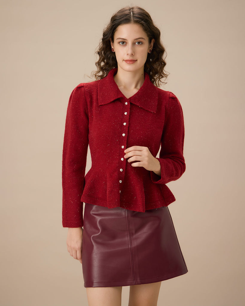 Red Lapel Single-breasted Ruffle Cardigan