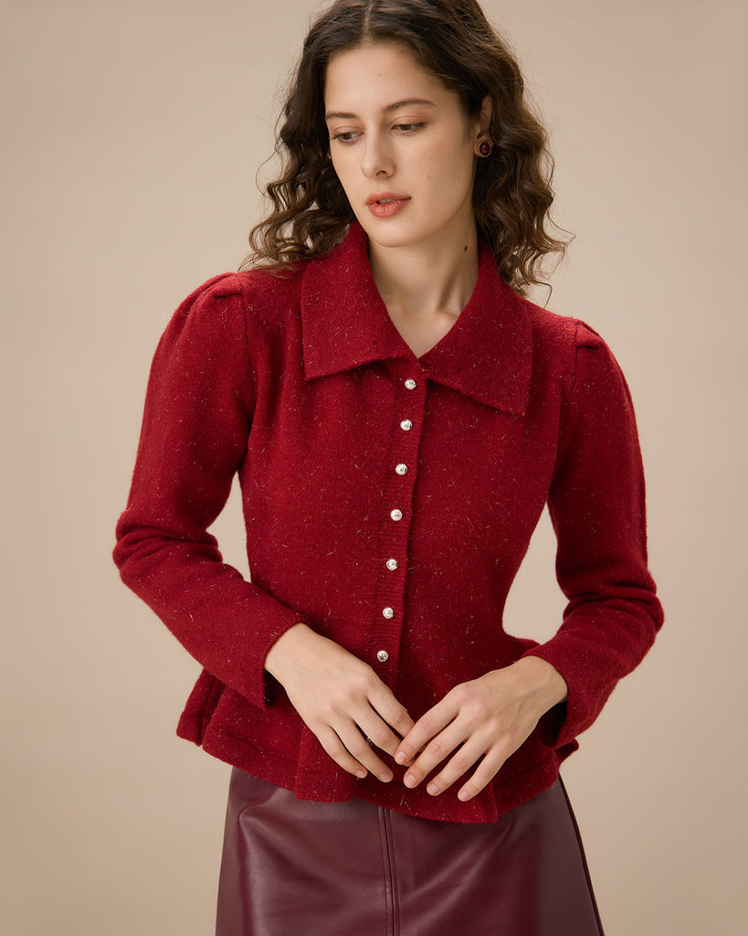 Red Lapel Single-breasted Ruffle Cardigan