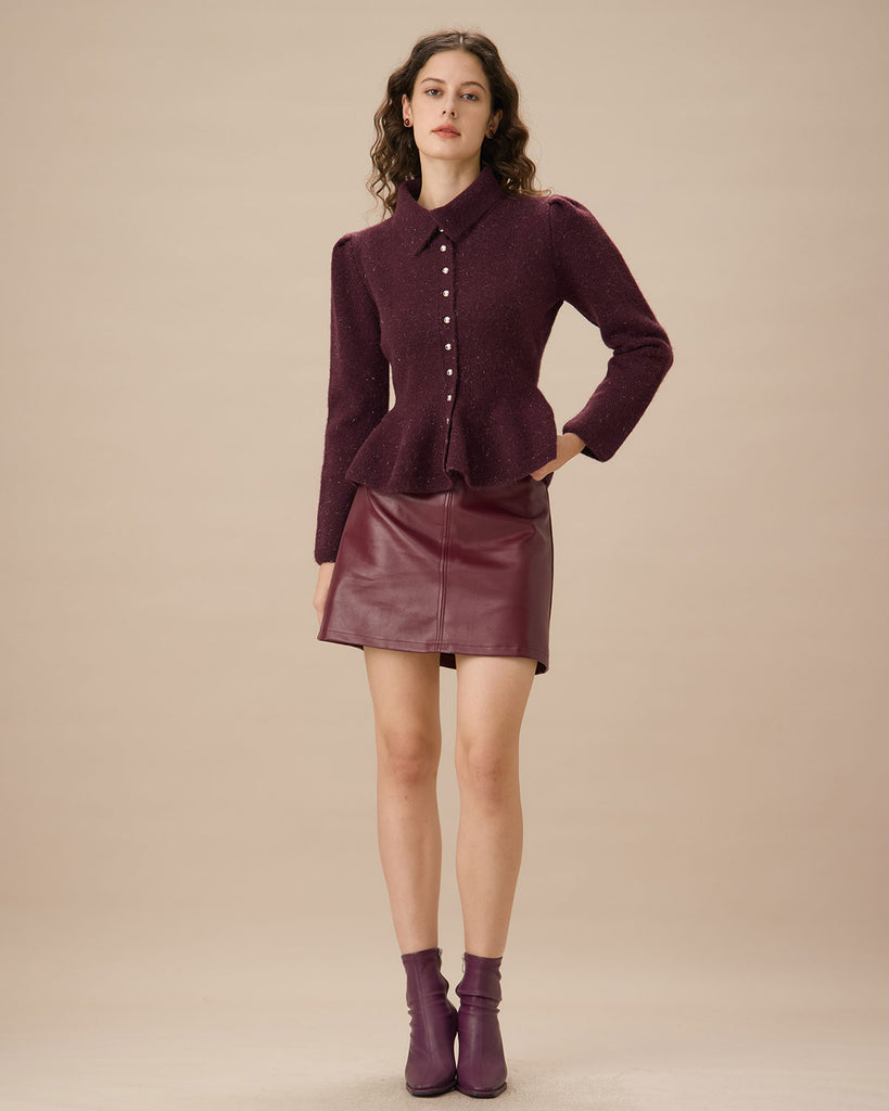 Purple Lapel Single-breasted Ruffle Cardigan