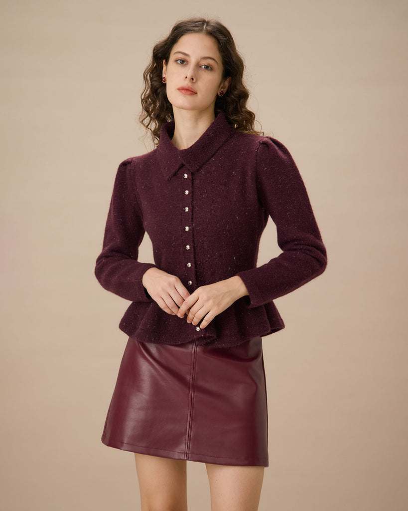 Purple Lapel Single-breasted Ruffle Cardigan