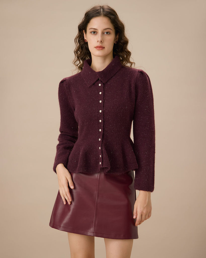 Purple Lapel Single-breasted Ruffle Cardigan