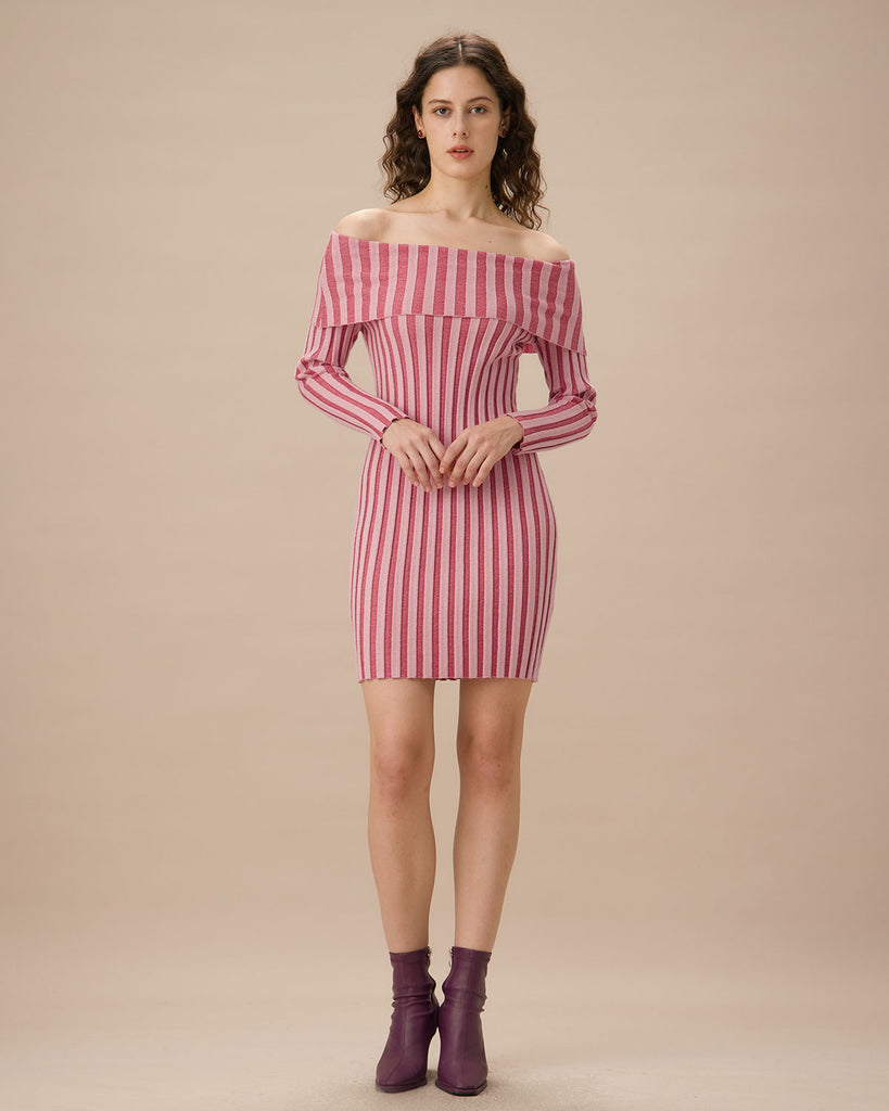 Pink Striped Off The Shoulder Bodycon Sweater Dress