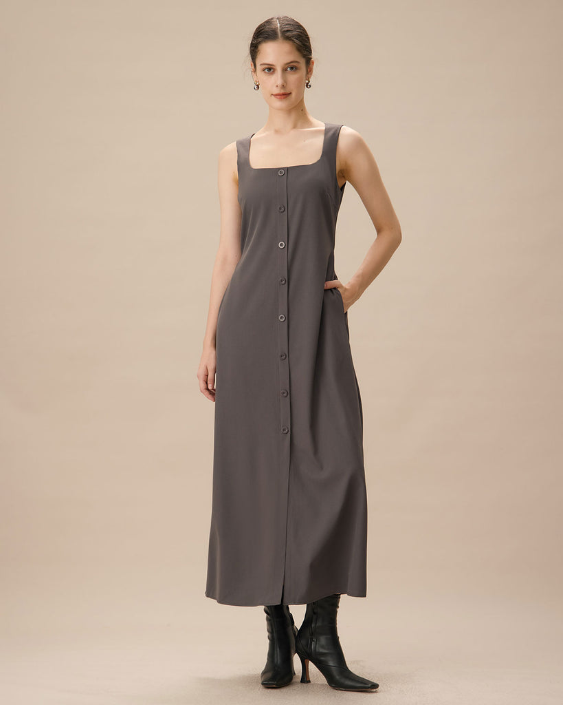 Grey U Neck Tie Back Sleeveless Maxi Dress