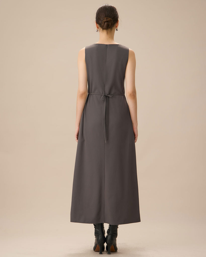 Grey U Neck Tie Back Sleeveless Maxi Dress