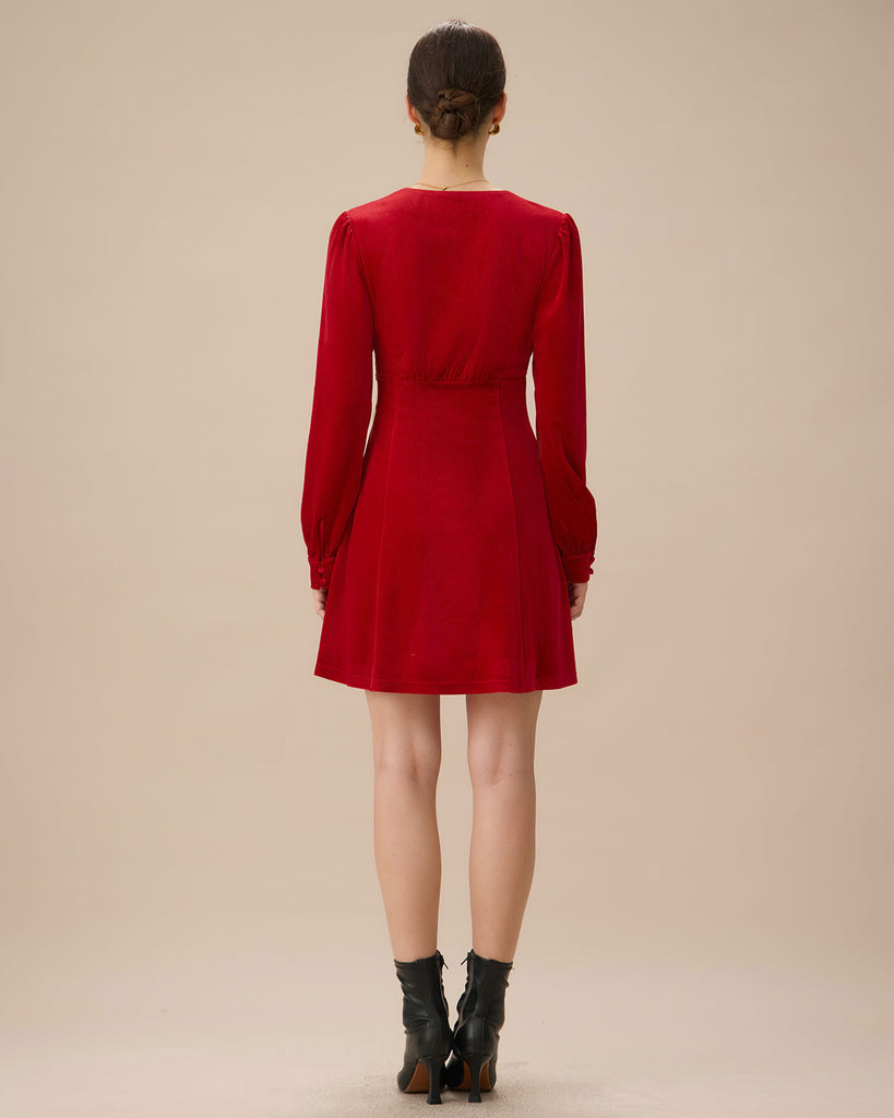 Red Velvet Puffed Sleeve A-Line Mini Dress