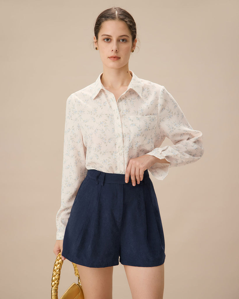 Navy High-waisted Suede Pleated Shorts