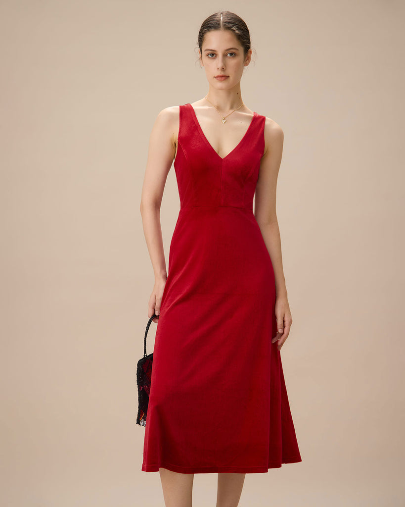 Red Velvet V Neck Backless Midi Dress