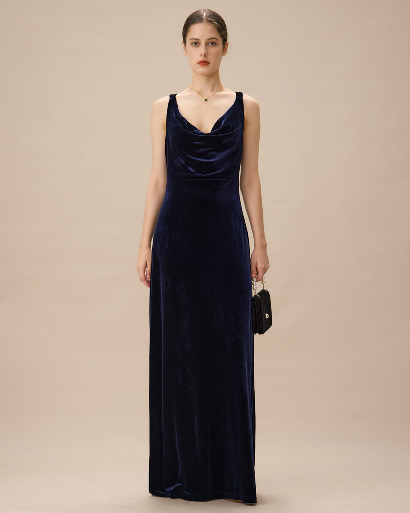 Navy Cowl Neck Velvet Maxi Dress