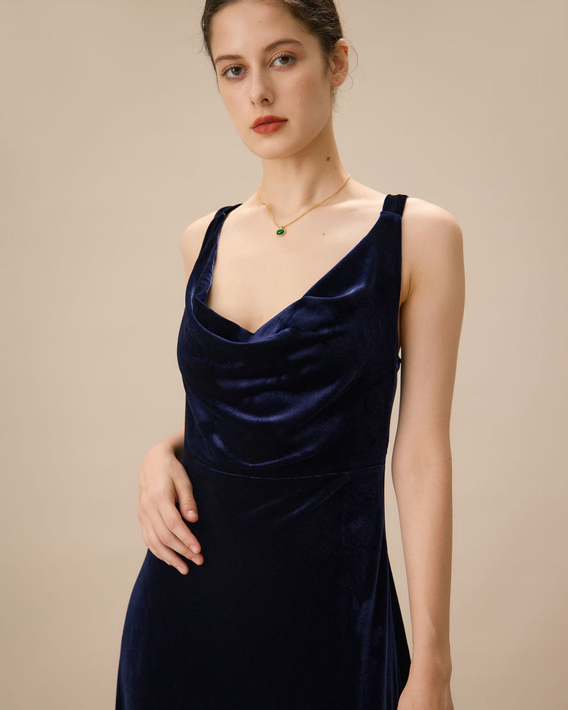 Navy Cowl Neck Velvet Maxi Dress