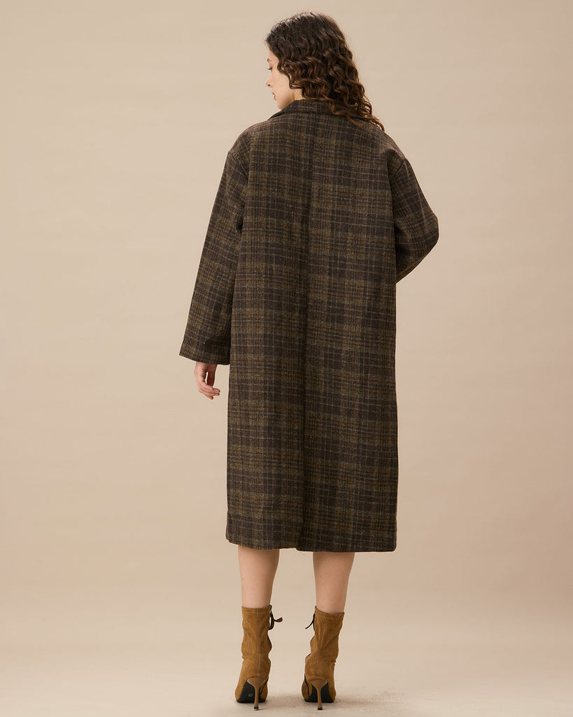 Coffee Mock Neck Single-breasted Plaid Coat