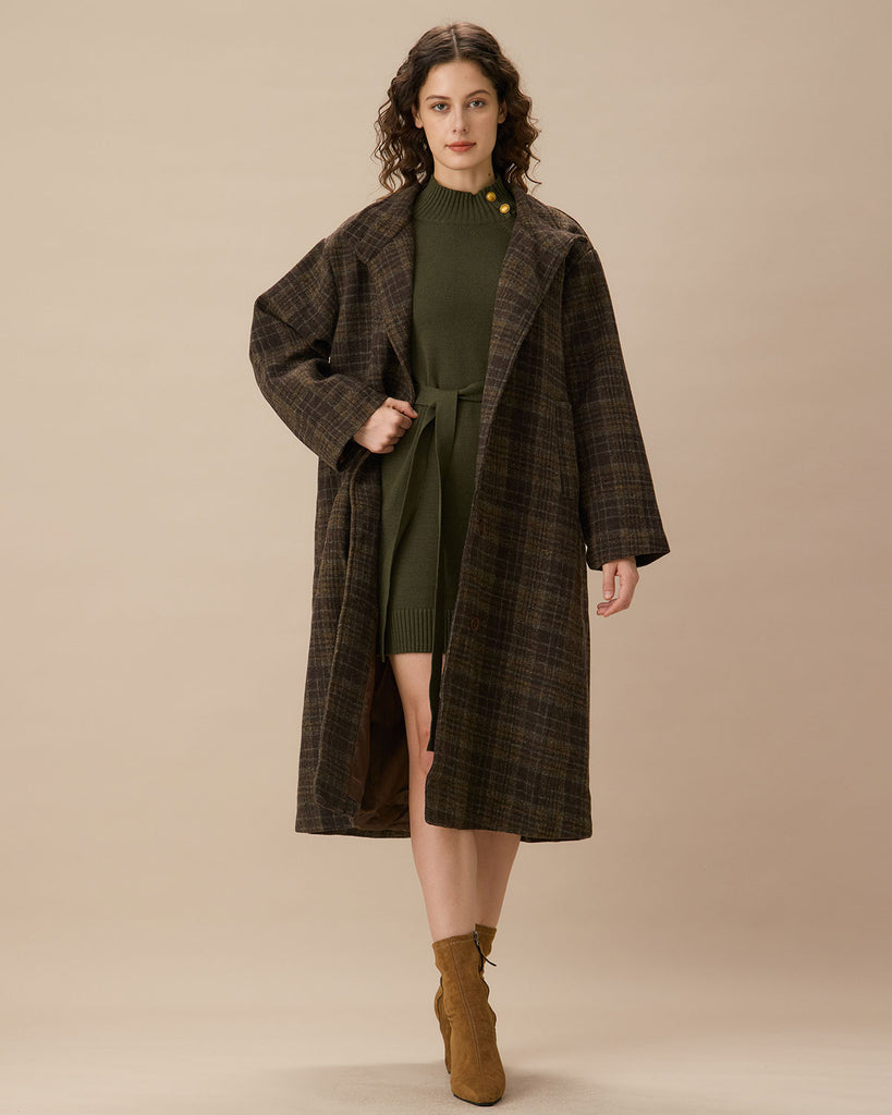 Coffee Mock Neck Single-breasted Plaid Coat