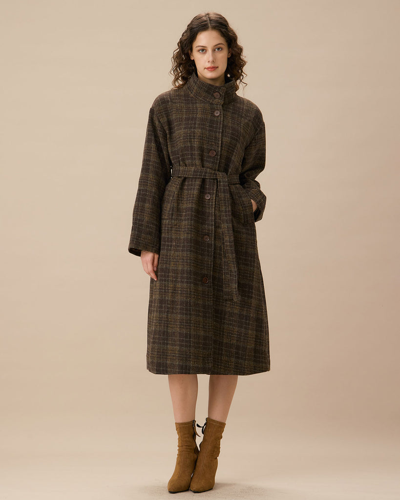 Coffee Mock Neck Single-breasted Plaid Coat