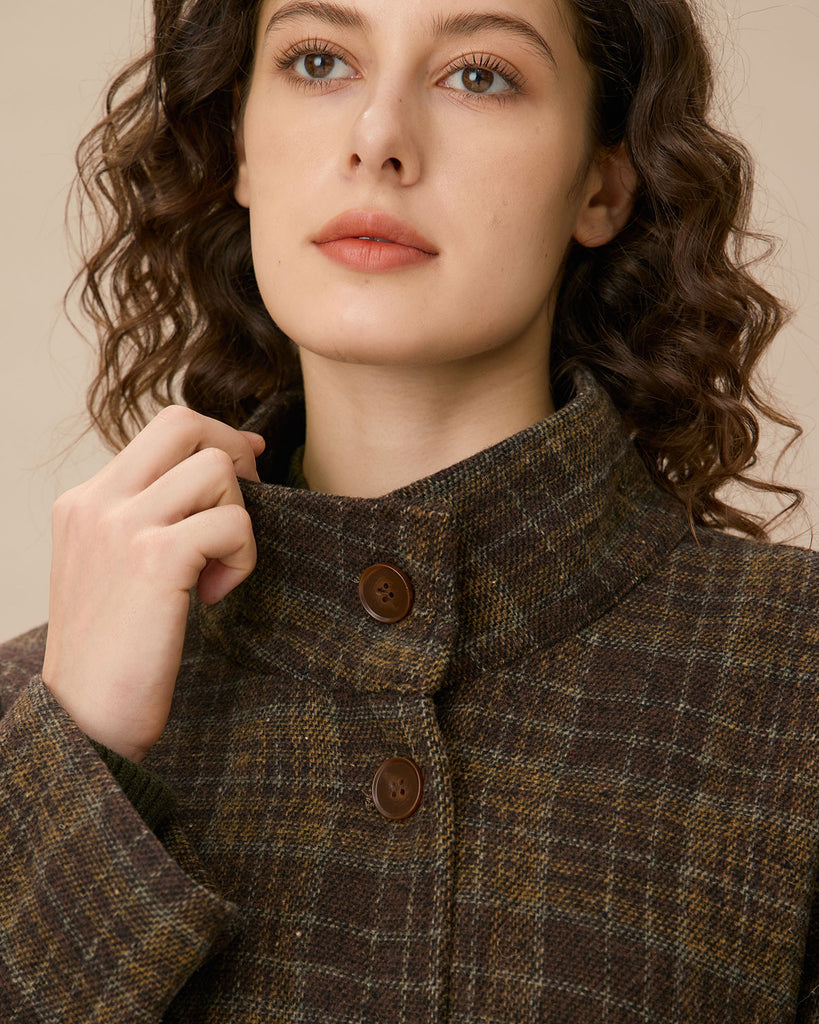 Coffee Mock Neck Single-breasted Plaid Coat