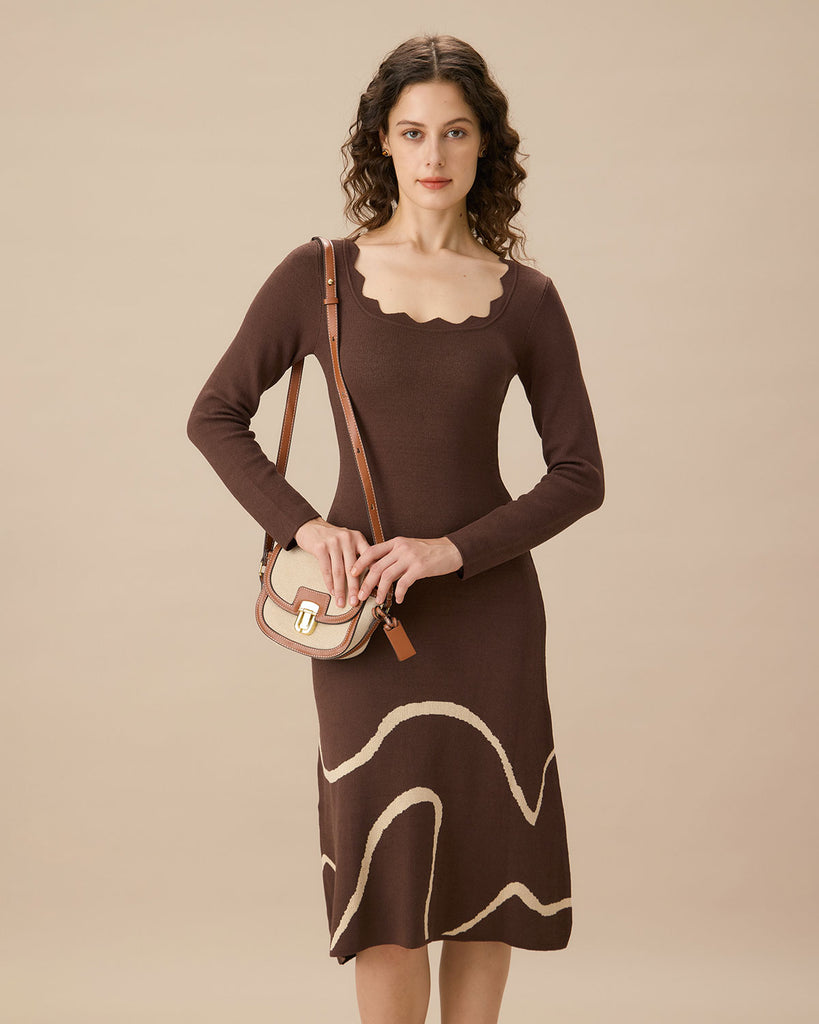 Coffee Wave Scalloped Sweater Midi Dress